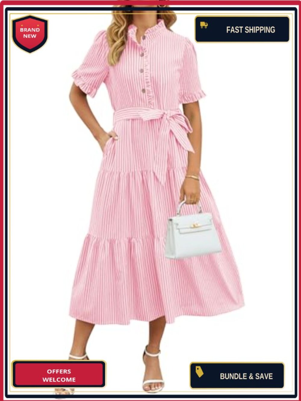 Cotton Striped Button Up Maxi Dress with Ruffled Sleeves and Belt